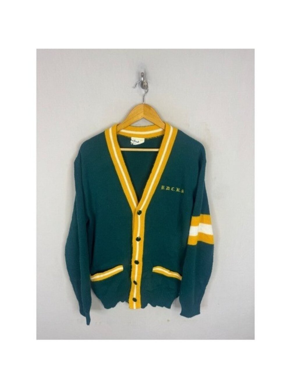 Vintage Active Knitting Mens L Varsity Cardigan Sweater Green Yellow BDCHS